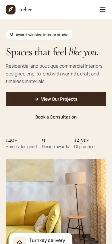 Atelier Interior Studio website on mobile