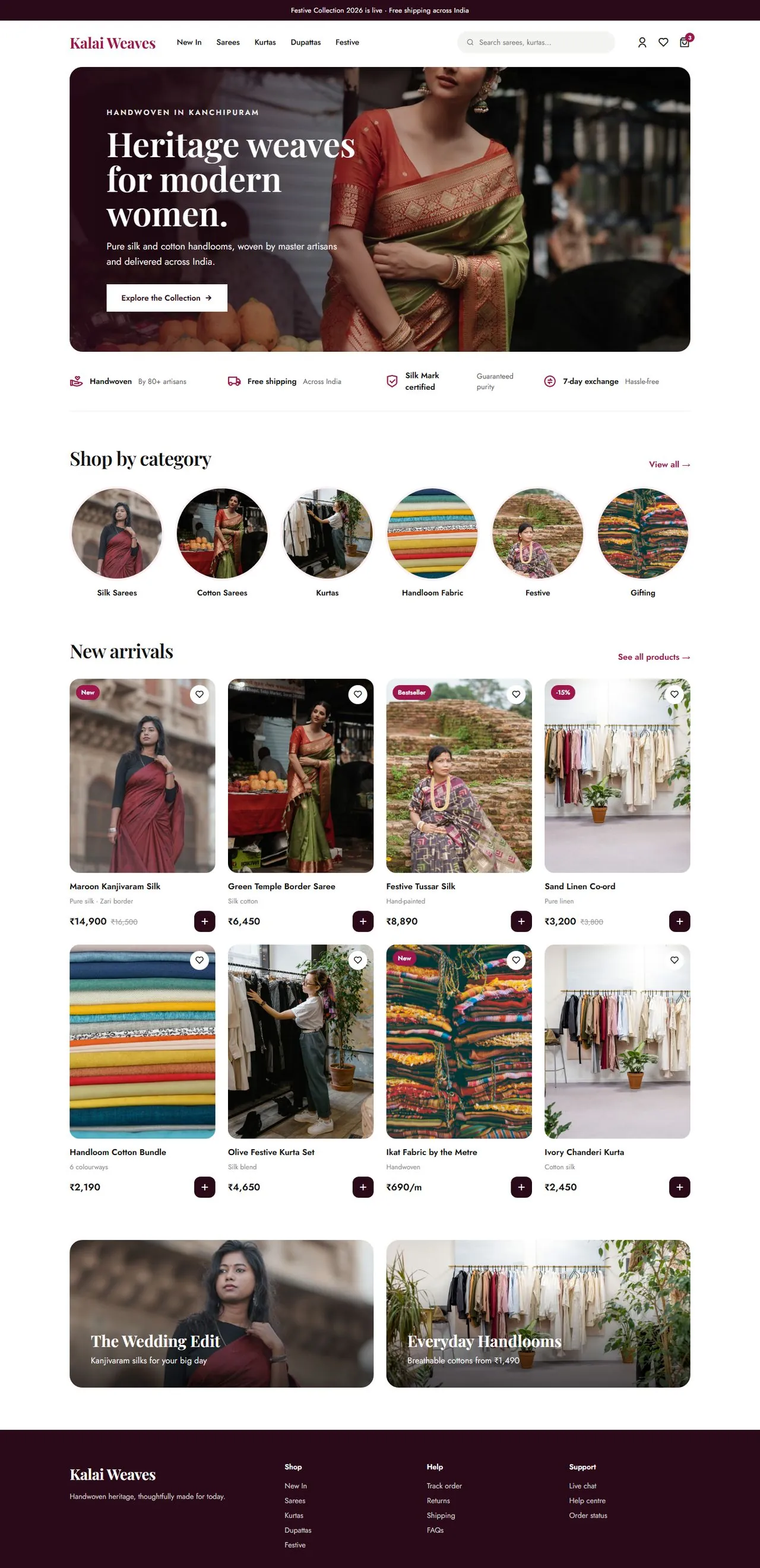 Kalai Weaves full desktop page
