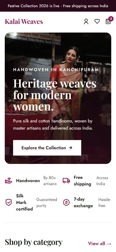 Kalai Weaves website on mobile
