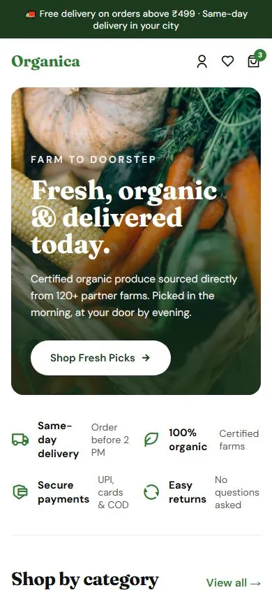 Organica Fresh website on mobile