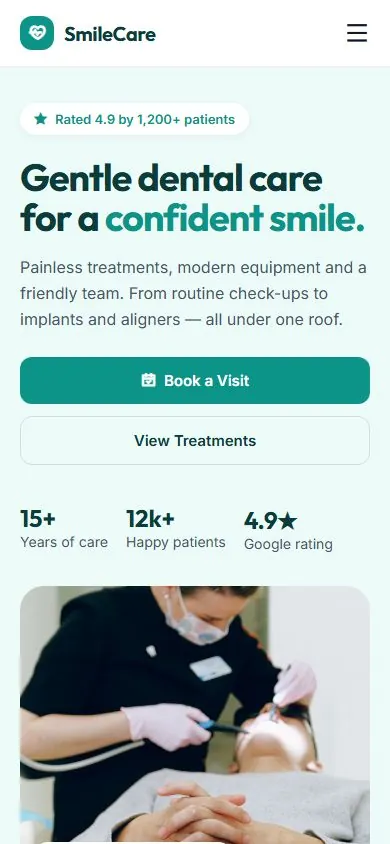 SmileCare Dental Clinic website on mobile